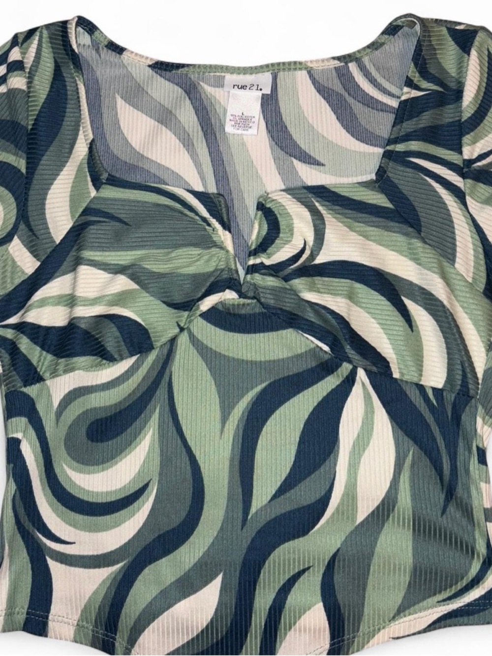 rue21 Green & Cream Swirl Knot-Front Crop Top